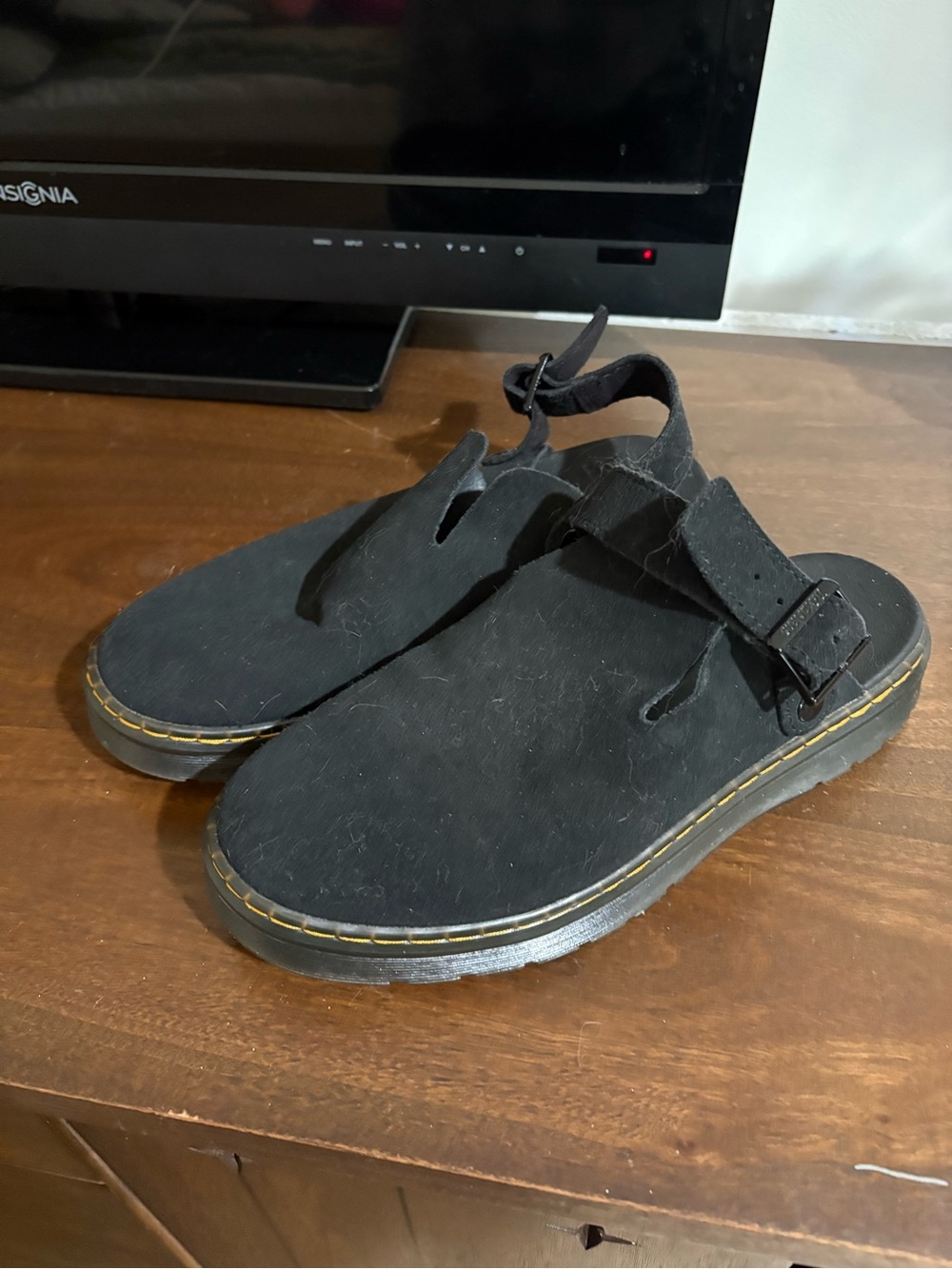 Dr. Martens Black Suede Women's Mule Sandals with Yellow Stitching